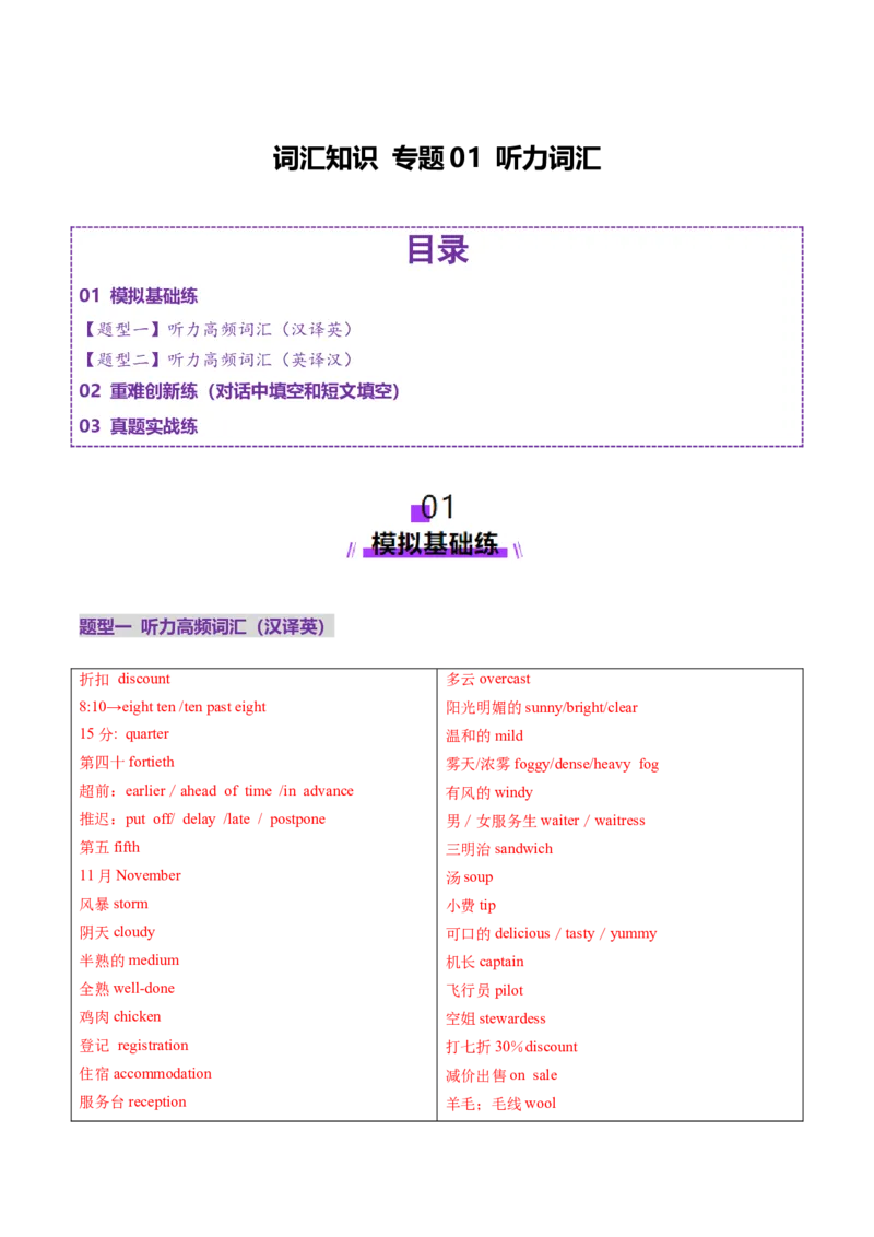 词汇知识专题01听力词汇（练习）（解析版）_2025年新高考资料_二轮复习_01高考语文等多个文件_上好课2025年高考英语二轮复习讲练测（新高考通用）_第二部分词汇知识