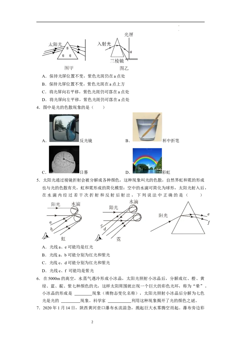 2.1光的色彩（专题训练）七大题型（原卷版）_8上-初中物理苏科版(4)_03讲义