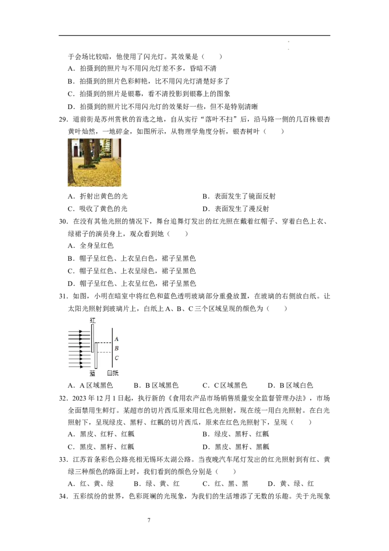 2.1光的色彩（专题训练）七大题型（原卷版）_8上-初中物理苏科版(4)_03讲义