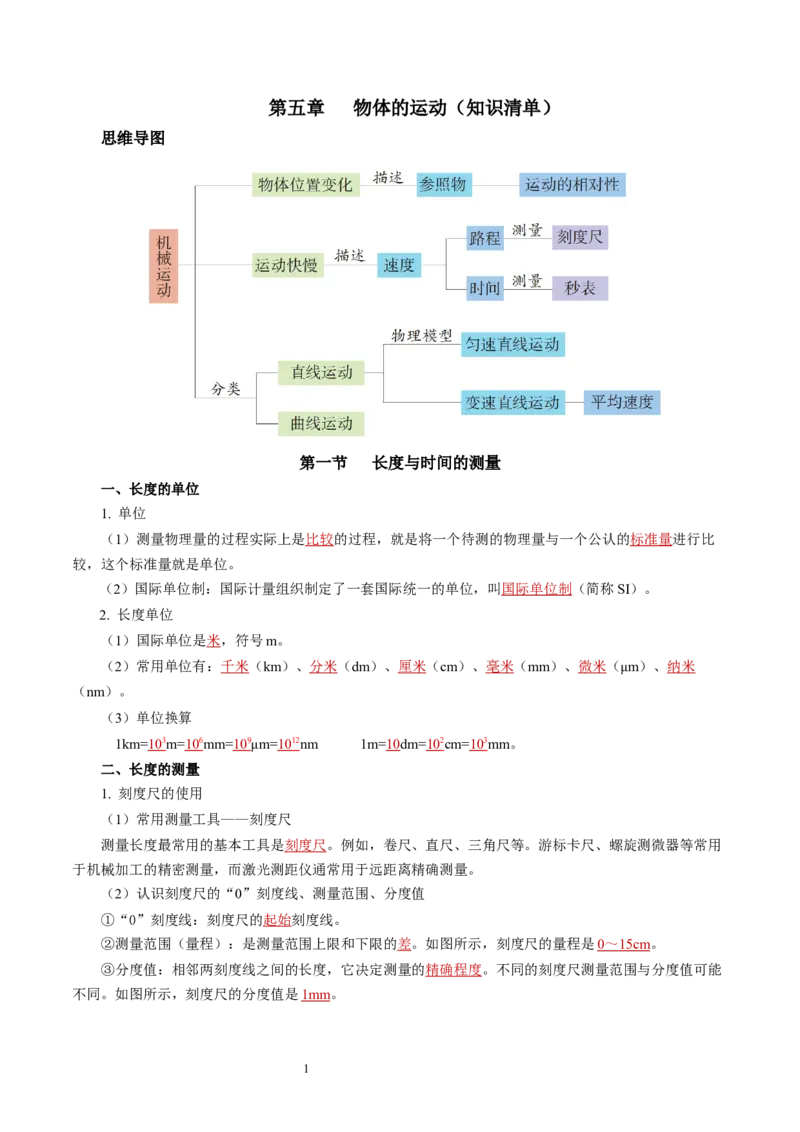 第五章物体的运动（知识清单）教师版_8上-初中物理苏科版(4)_06知识清单（齐全）_第2套_第5章物体的运动（单元知识清单）-上好课八年级物理上册同步高效课堂（苏科版2024）