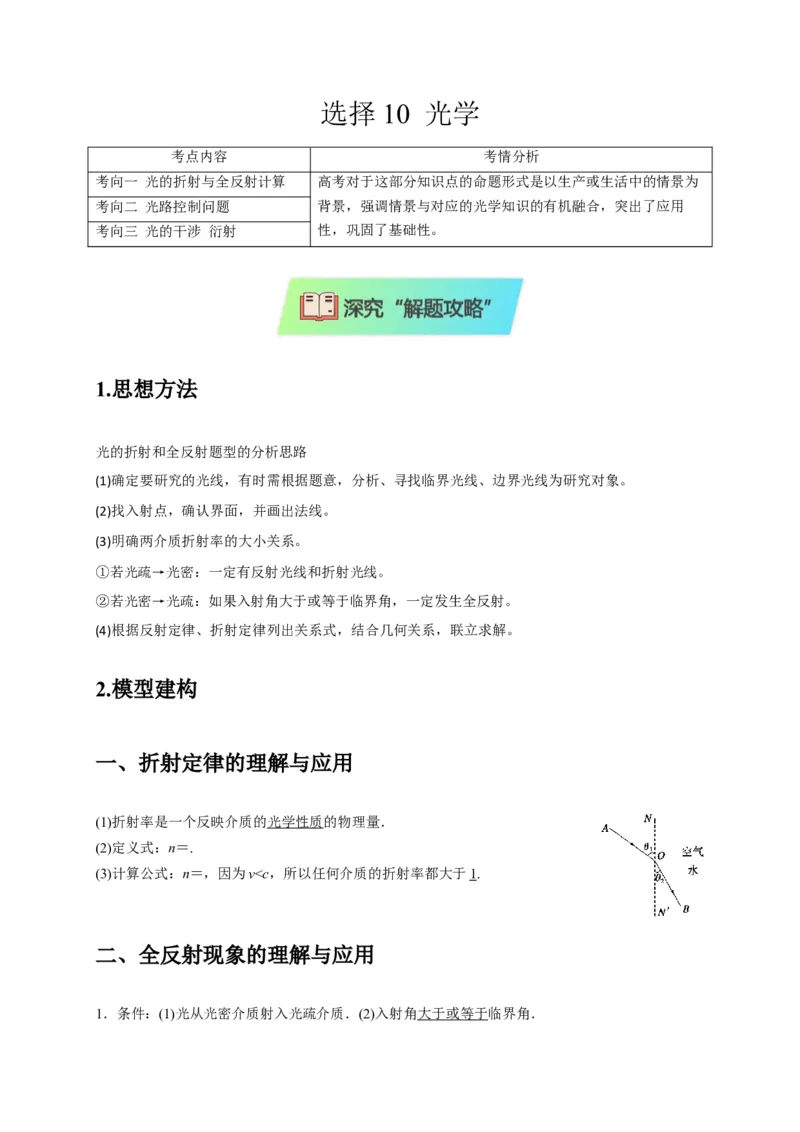 选择10光学（解析版）_04高考物理_2025年新高考资料_二轮复习_模型与方法2025届高考物理二轮复习热点题型归类340322924