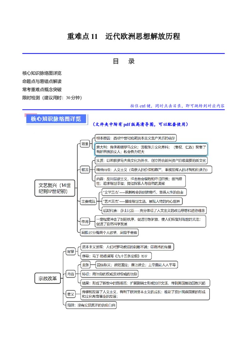 重难点11欧洲的思想解放运动（原卷版）_07高考历史_新高考复习资料_2024年新高考复习资料_专项复习资料_❤2024年高考历史热点&middot;重点&middot;难点专练（新高考专用）