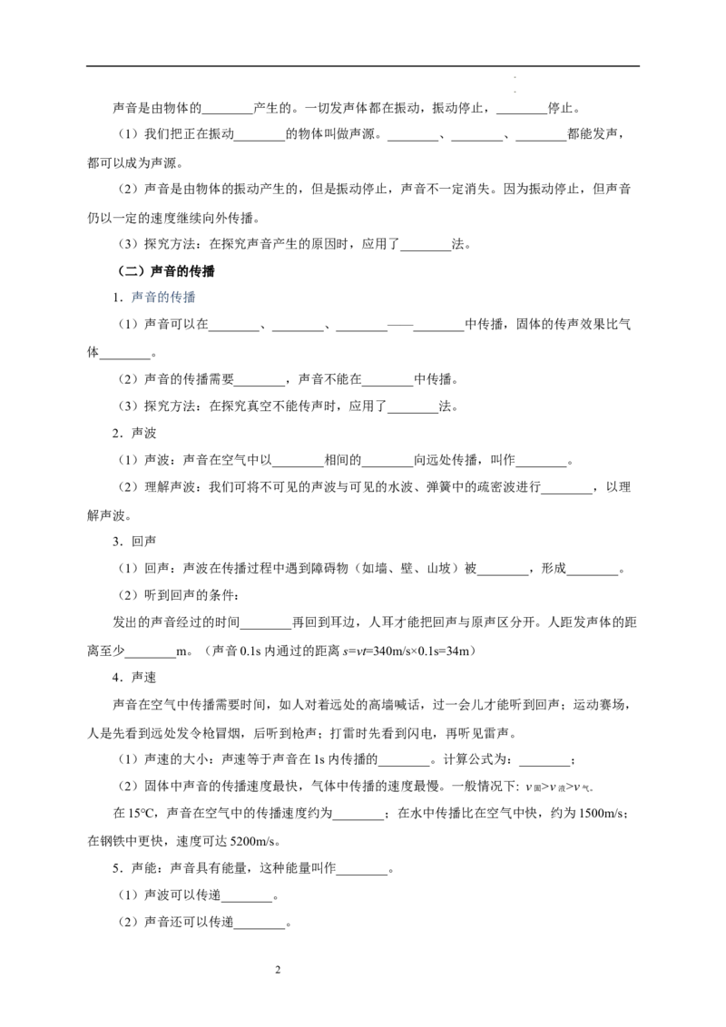 第一章声现象速记清单（原卷版）_8上-初中物理苏科版(4)_06知识清单（齐全）_第1套_第1章+声现象速记清单-新教材2024-2025学年八年级物理上册单元速记&middot;巧练（苏科版2024）