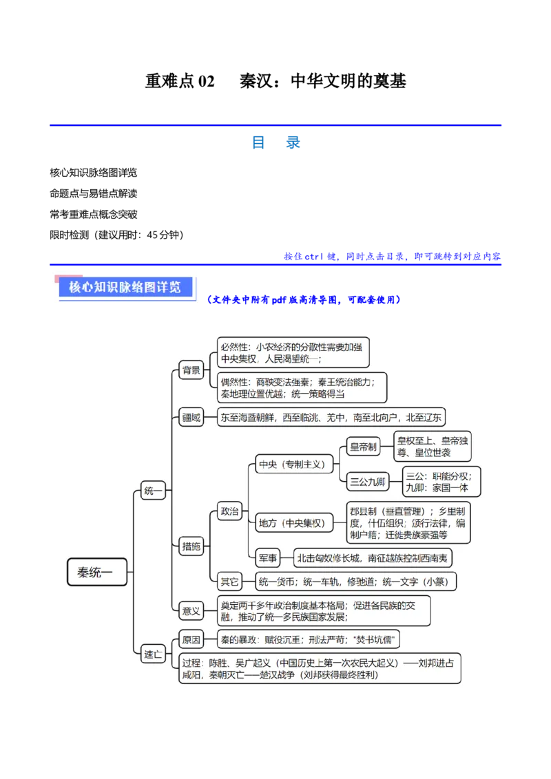 重难点02秦汉：中华文明的奠基（原卷版）_07高考历史_新高考复习资料_2024年新高考复习资料_专项复习资料_❤2024年高考历史热点&middot;重点&middot;难点专练（新高考专用）