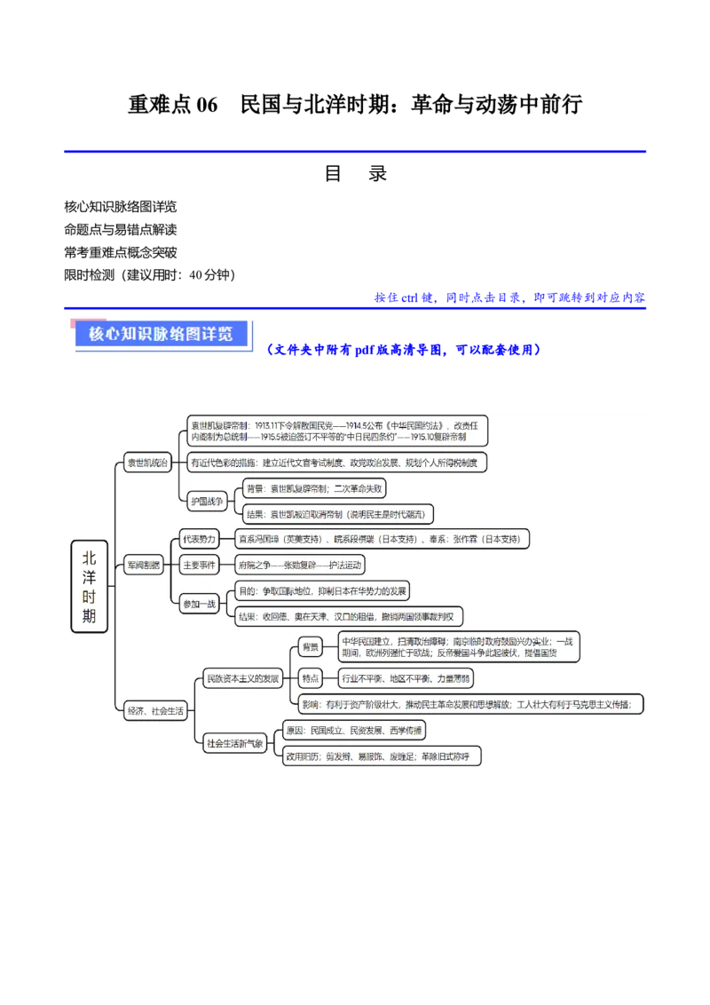 重难点06民国与北洋时期：革命与动荡中前行（原卷版）_07高考历史_2024年新高考资料_3.2024专项复习_2024年高考历史热点&middot;重点&middot;难点专练（新高考专用）