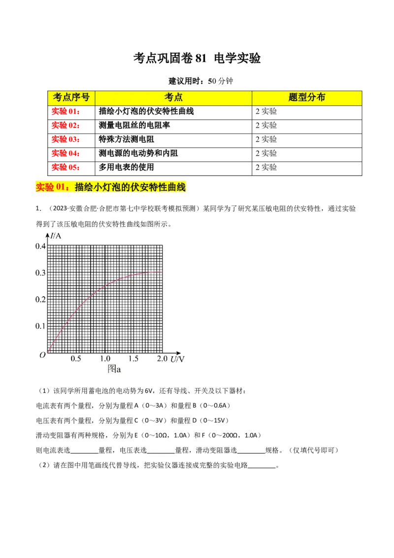 考点巩固卷81电学实验（原卷版）_04高考物理_新高考复习资料_2024新高考复习资料_一轮复习资料_完2024年高考物理一轮复习考点通关卷（新高考通用）_考点巩固卷_物理实验