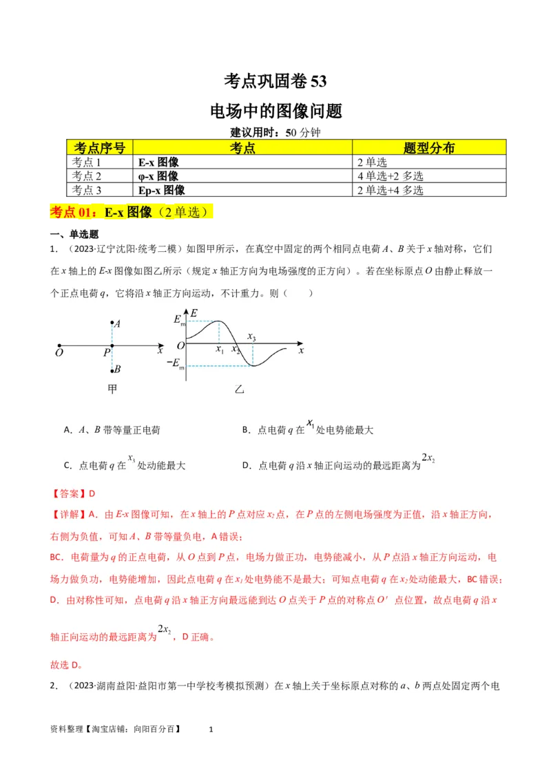 考点巩固卷53电场中的图像问题（解析版）_04高考物理_新高考复习资料_2024新高考复习资料_一轮复习资料_完2024年高考物理一轮复习考点通关卷（新高考通用）_考点巩固卷_电磁部分