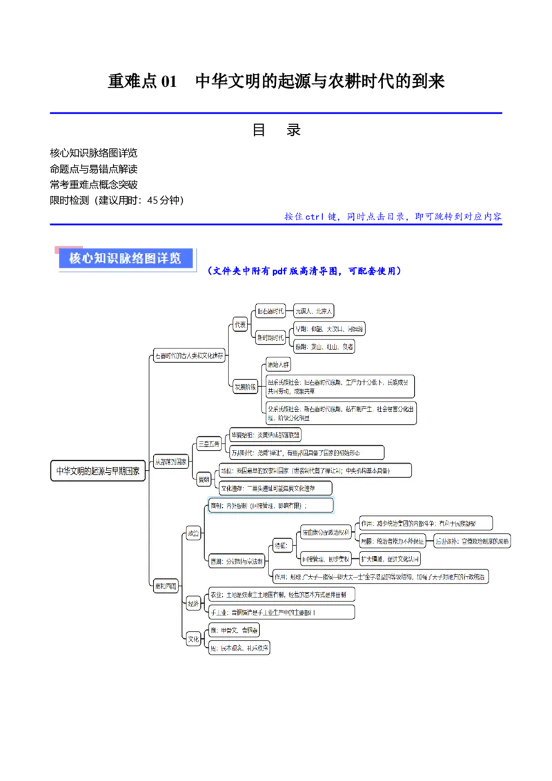 重难点01先秦：中华文明的兴起与变革（原卷版）_07高考历史_新高考复习资料_2024年新高考复习资料_专项复习资料_❤2024年高考历史热点&middot;重点&middot;难点专练（新高考专用）