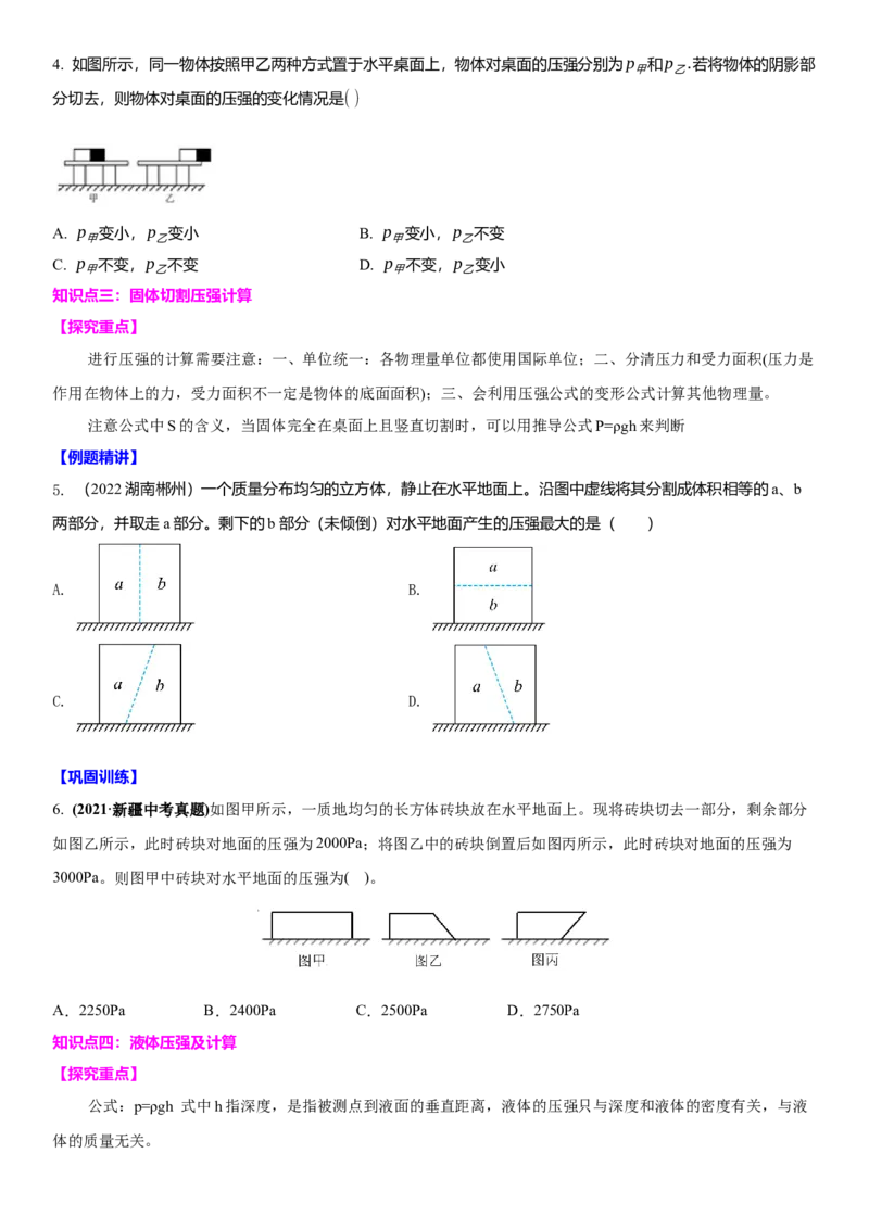 10.6专题压强与浮力（原卷版）_8下-初中物理苏科版(4)_赠送：旧版资料（和新版好多一样，仍具有很大参考价值）_02讲义