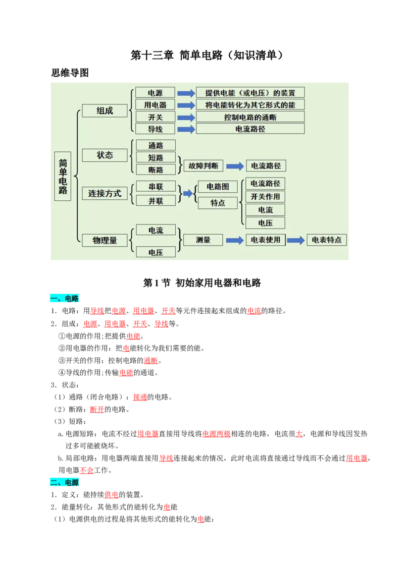 第十三章简单电路（知识清单）（答案版）_9上-初中物理苏科版(4)_05知识清单（齐全）_第十三章简单电路（知识清单）物理苏科版2024九年级上册