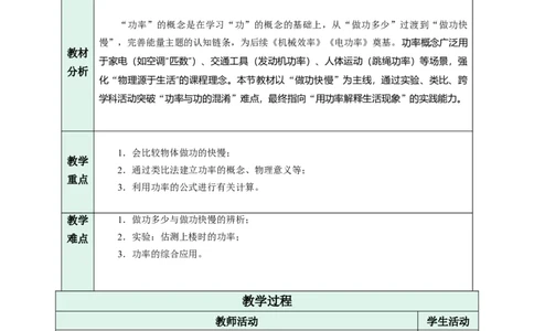 四、功率（教学设计）物理苏科版2024九年级上册_9上-初中物理苏科版(4)_02课件+教案+分层作业第2套（更新中）_教案（教学设计）_第十一章简单机械和功