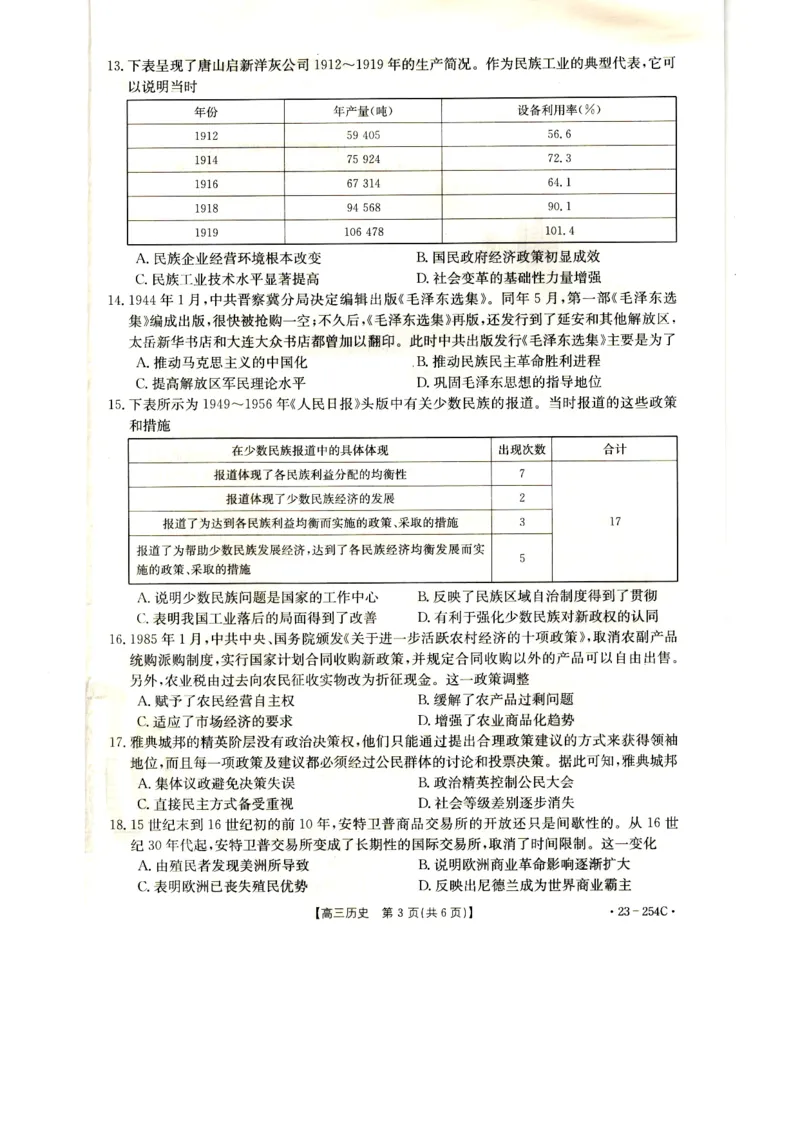高三历史试卷_07高考历史_历史高考模拟题_旧高考_2023年_2023届新疆高三1月期末金太阳联考23-254C历史_2023届新疆高三1月期末金太阳联考23-254C历史