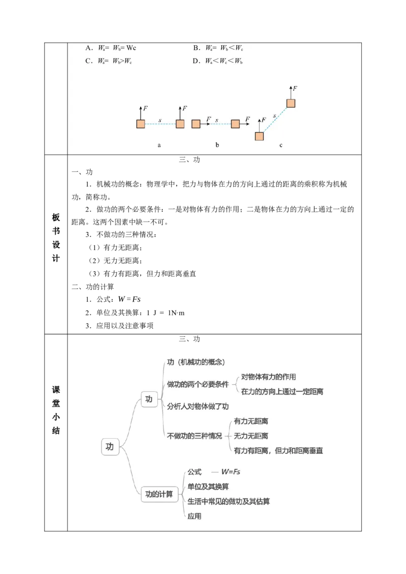 三、功（教学设计）物理苏科版2024九年级上册_9上-初中物理苏科版(4)_02课件+教案+分层作业第2套（更新中）_教案（教学设计）_第十一章简单机械和功