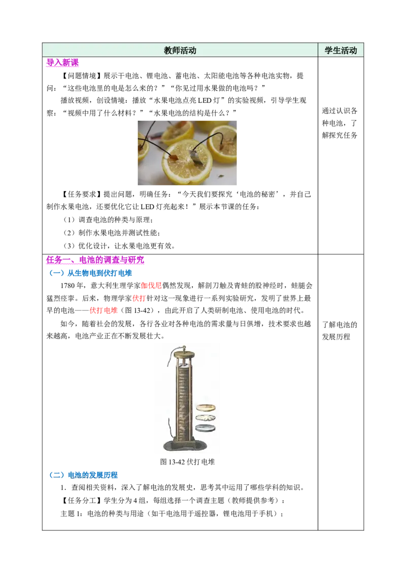 跨学科实践：调查电池的发展并制作水果电池（教学设计）物理苏科版2024九年级上册_9上-初中物理苏科版(4)_02课件+教案+分层作业第2套（更新中）_教案（教学设计）