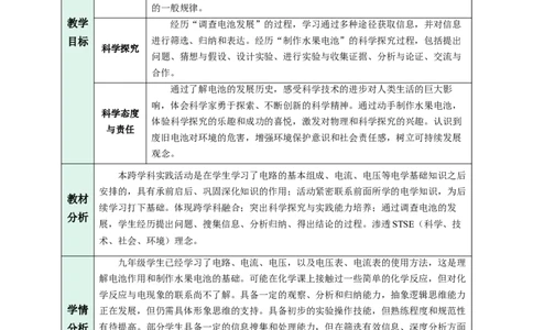 跨学科实践：调查电池的发展并制作水果电池（教学设计）物理苏科版2024九年级上册_9上-初中物理苏科版(4)_02课件+教案+分层作业第2套（更新中）_教案（教学设计）