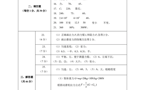九上物理第十一单元测试提升卷(答案及评分标准)_9上-初中物理苏科版(4)_03习题试卷_单元测试（齐全）_第十一章简单机械和功（单元测试&middot;提升卷）物理苏科版2024九年级上册