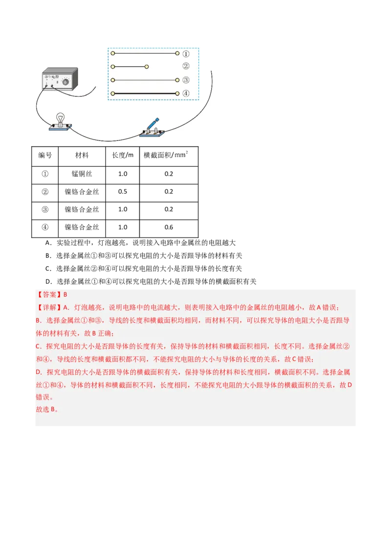 一、电阻（分层作业）（解析版）_9上-初中物理苏科版(4)_02课件+教案+分层作业第2套（更新中）_分层作业_一、电阻（分层作业）物理苏科版2024九年级上册