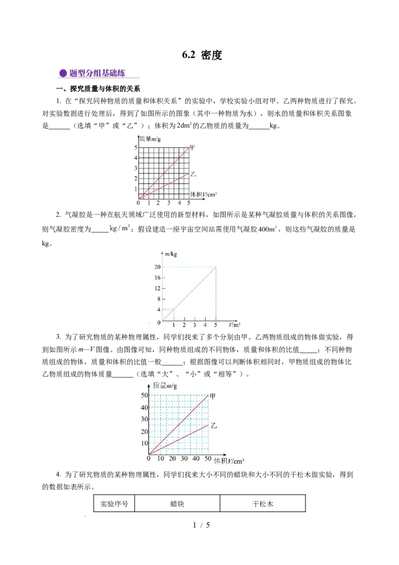 6.2密度（分层作业）（原卷版）(1)_8下-初中物理苏科版(4)_01课件+练习_6.2密度（分层作业）-上好课八年级物理下册同步高效课堂（苏科版2024）