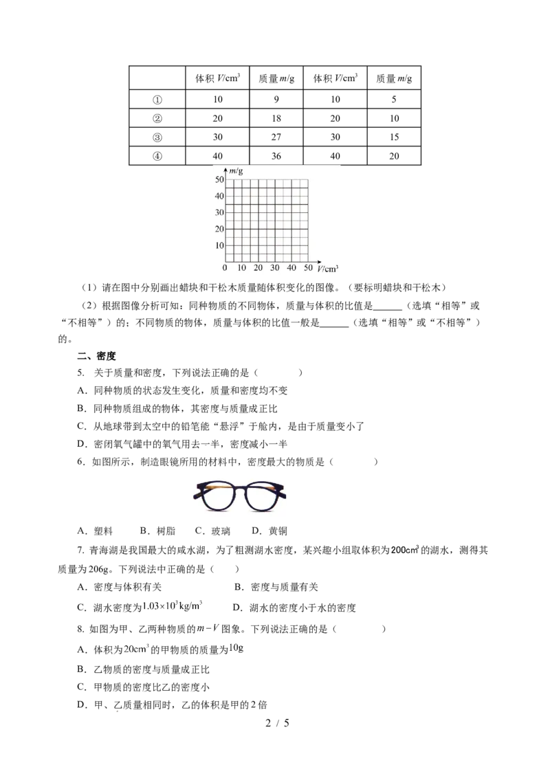 6.2密度（分层作业）（原卷版）(1)_8下-初中物理苏科版(4)_01课件+练习_6.2密度（分层作业）-上好课八年级物理下册同步高效课堂（苏科版2024）