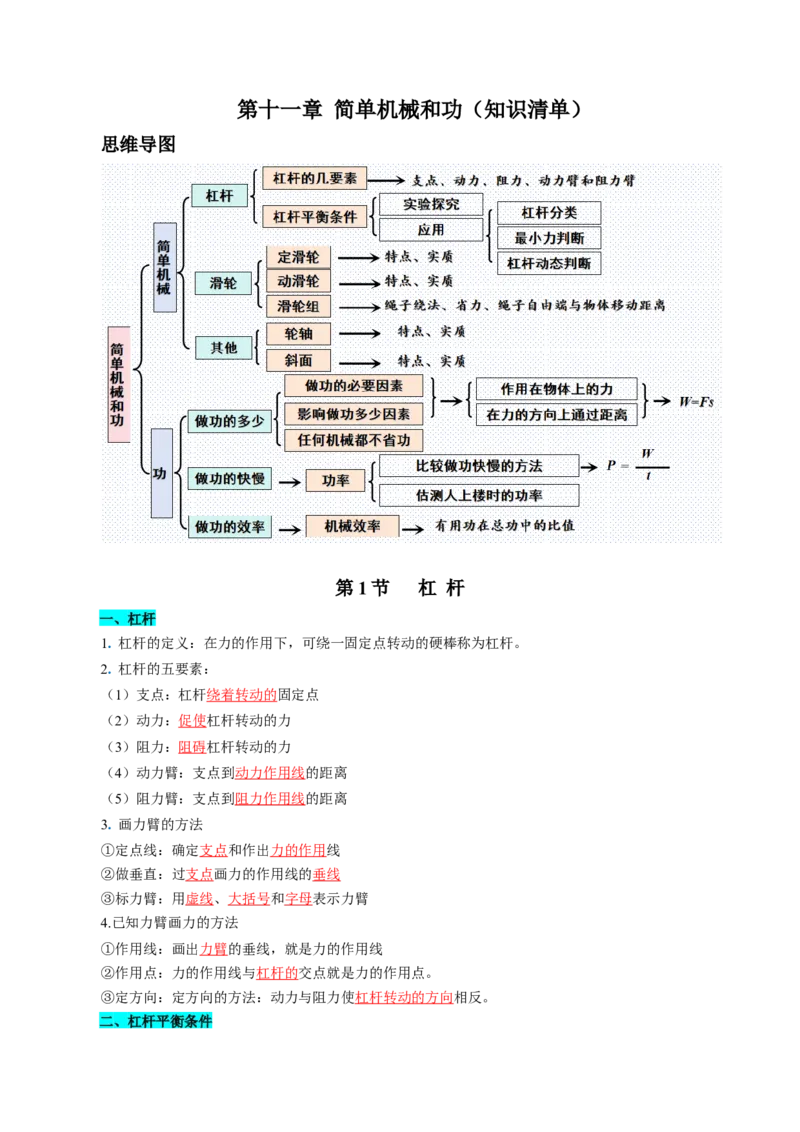 第十一章简单机械和功（知识清单）（答案版）_9上-初中物理苏科版(4)_05知识清单（齐全）_第十一章简单机械和功（知识清单）物理苏科版2024九年级上册