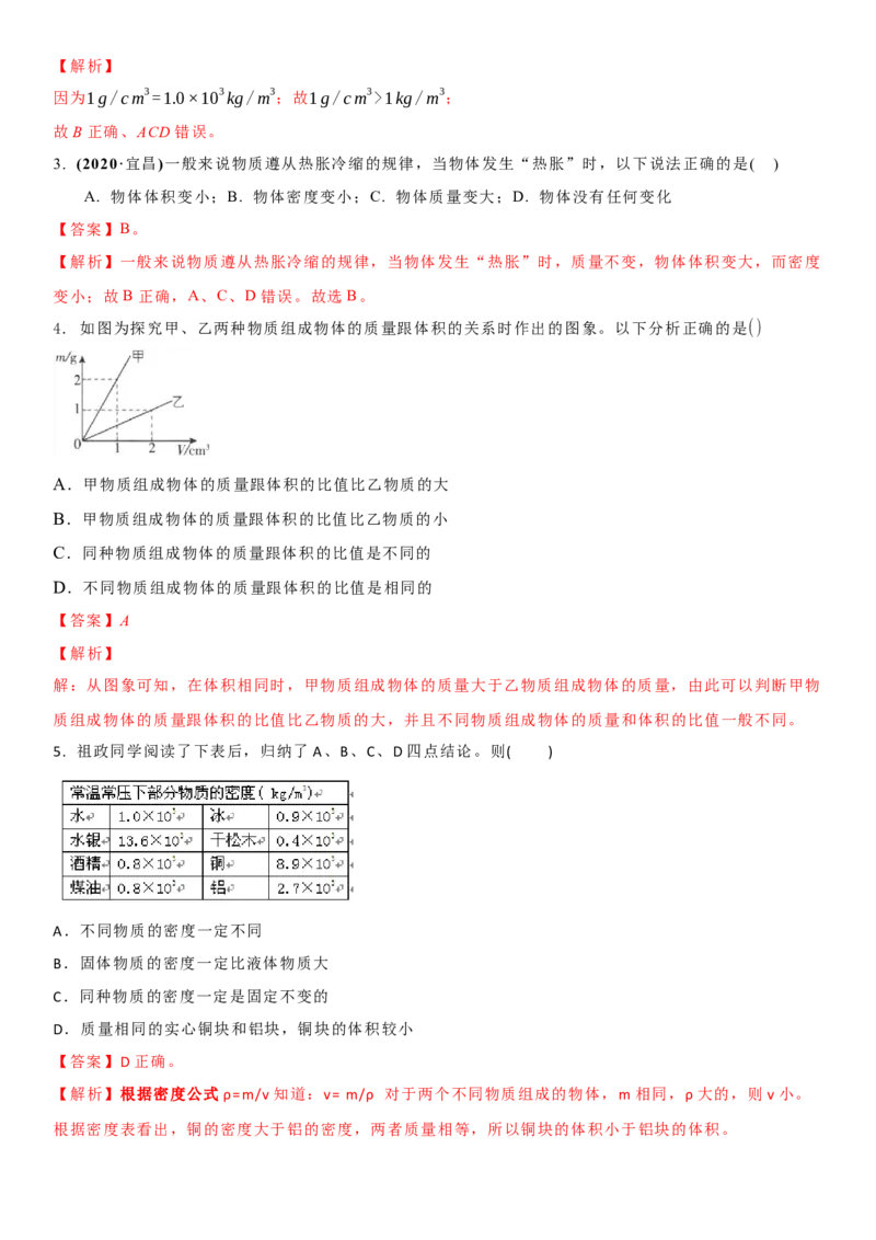 6.3物质的密度（解析版）_8下-初中物理苏科版(4)_赠送：旧版资料（和新版好多一样，仍具有很大参考价值）_02讲义_6.3物质的密度（解析版）