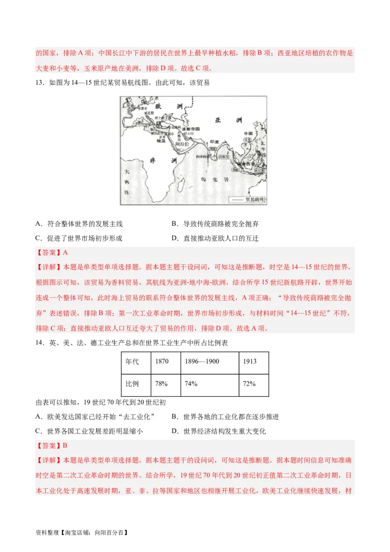 阶段性检测卷13选择性必修2：经济与社会生活（一）（解析版）_07高考历史_新高考复习资料_2024年新高考复习资料_一轮复习资料_完2024年高考历史一轮复习考点通关卷（新高考通用）