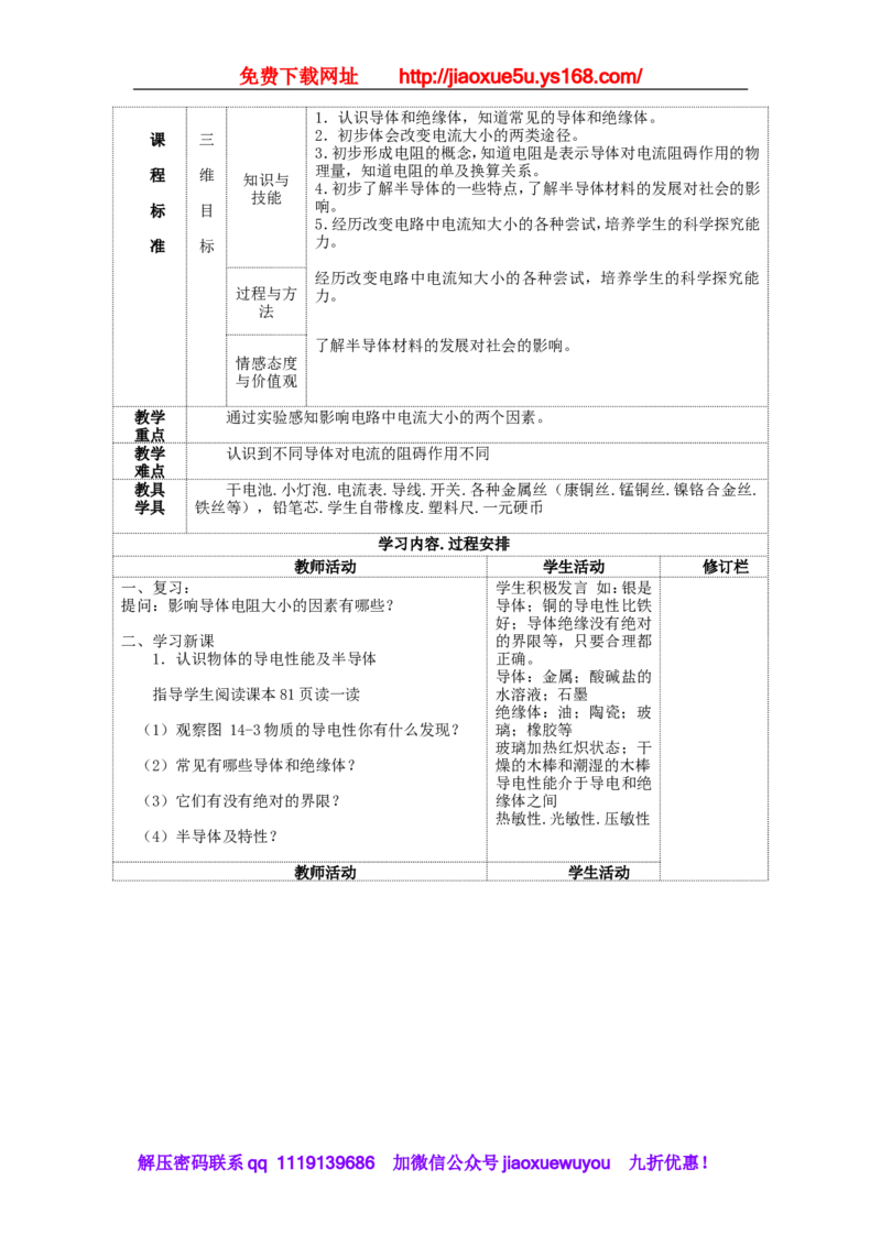 苏科初中物理九上《14.1电阻》word教案(1)_9上-初中物理苏科版(4)_赠送：旧版资料（和新版好多一样，仍具有很大参考价值）_02教案