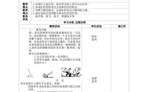 苏科初中物理九上《11.1杠杆》word教案(1)_9上-初中物理苏科版(4)_赠送：旧版资料（和新版好多一样，仍具有很大参考价值）_02教案