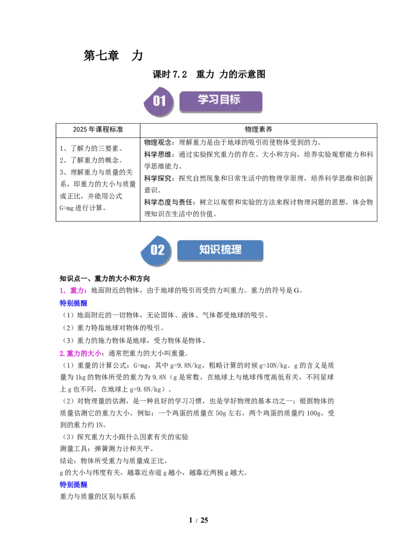 第06讲课时7.2重力力的示意图（教师版）-八年级物理下册同步精品讲义（苏科版2025）_8下-初中物理苏科版(4)_06讲义