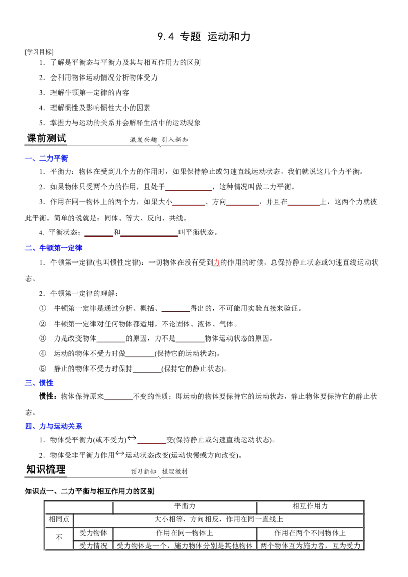 9.4专题运动和力（原卷版）_8下-初中物理苏科版(4)_赠送：旧版资料（和新版好多一样，仍具有很大参考价值）_02讲义_9.4+专题+运动和力-2022-2023学年八年级下册物理同步备课讲义+(苏科版)