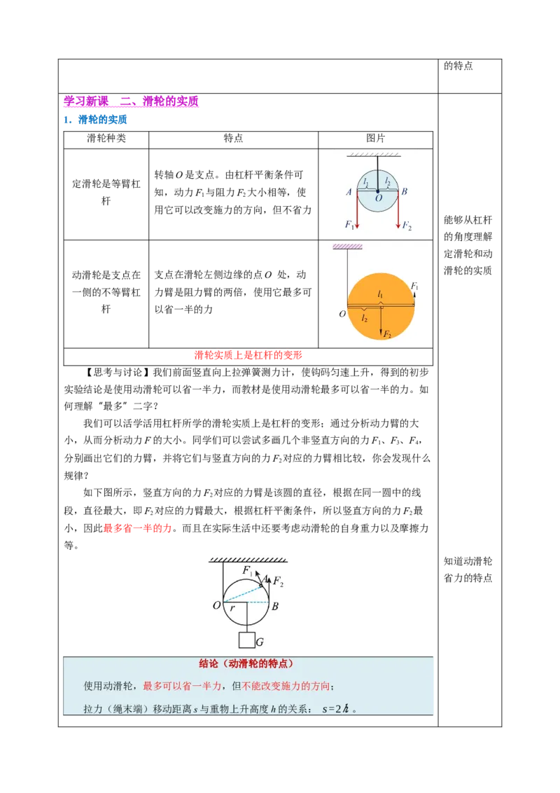 二、滑轮（教学设计）物理苏科版2024九年级上册_9上-初中物理苏科版(4)_02课件+教案+分层作业第2套（更新中）_教案（教学设计）_第十一章简单机械和功
