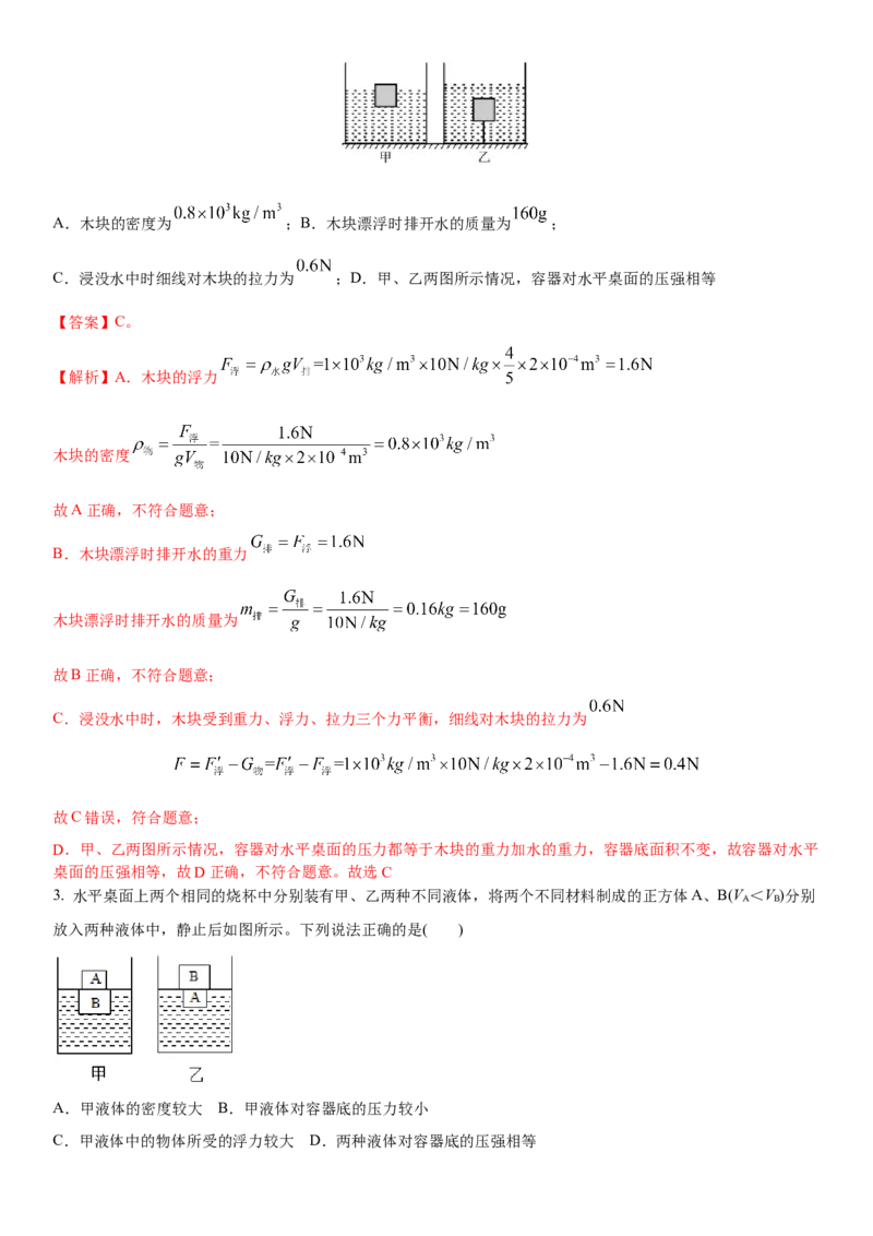10.7专题浮力（解析版）_8下-初中物理苏科版(4)_赠送：旧版资料（和新版好多一样，仍具有很大参考价值）_02讲义_10.7+专题+浮力-2022-2023学年八年级下册物理同步备课讲义+(苏科版)
