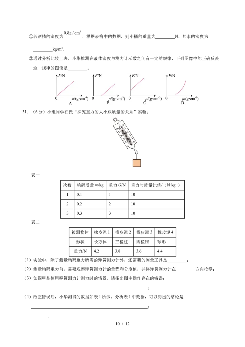 第7章力A卷达标卷（原卷版）(1)_8下-初中物理苏科版(4)_02习题试卷_单元测试_第1套_第7章力A卷达标卷-2024-2025学年八年级物理下册单元速记&middot;巧练（苏科版2024）