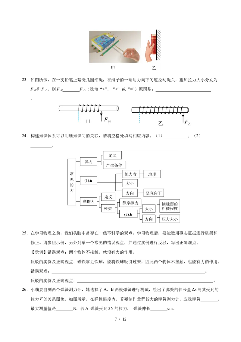第7章力A卷达标卷（原卷版）(1)_8下-初中物理苏科版(4)_02习题试卷_单元测试_第1套_第7章力A卷达标卷-2024-2025学年八年级物理下册单元速记&middot;巧练（苏科版2024）