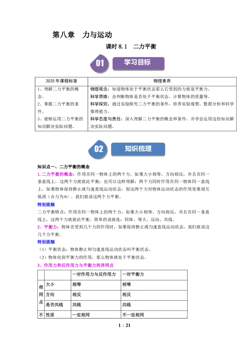 第09讲课时8.1二力平衡（教师版）-八年级物理下册同步精品讲义（苏科版2025）_8下-初中物理苏科版(4)_06讲义