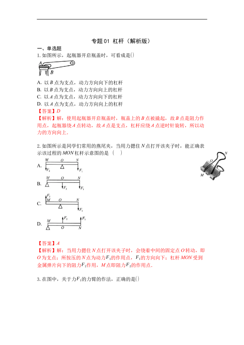 专题01杠杆（解析版）_9上-初中物理苏科版(4)_赠送：旧版资料（和新版好多一样，仍具有很大参考价值）_05复习资料_2021-2022学年九年级物理上学期综合复习培优专训（苏科版）
