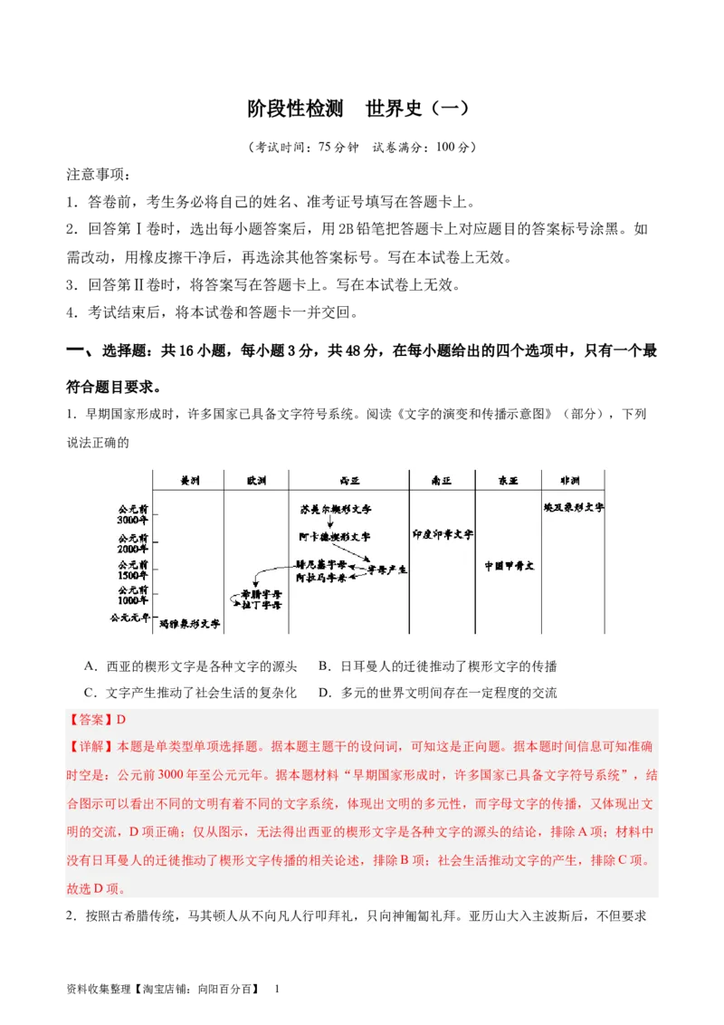 阶段性检测卷07世界史（一）(解析版)_07高考历史_新高考复习资料_2024年新高考复习资料_一轮复习资料_完2024年高考历史一轮复习考点通关卷（新高考通用）_阶段性检测卷