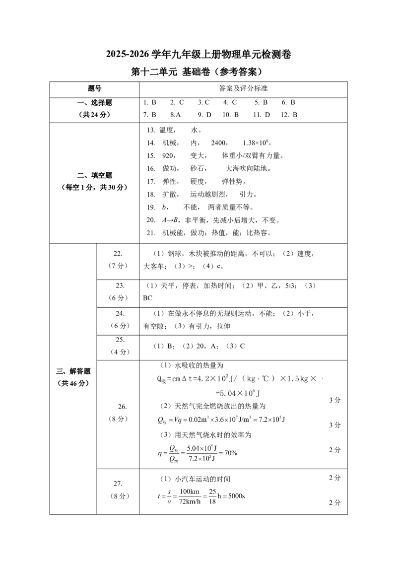 九上物理第十二单元测试基础卷(答案及评分标准)_9上-初中物理苏科版(4)_03习题试卷_单元测试（齐全）_第十二章机械能和内能（单元测试&middot;基础卷）物理苏科版2024九年级上册