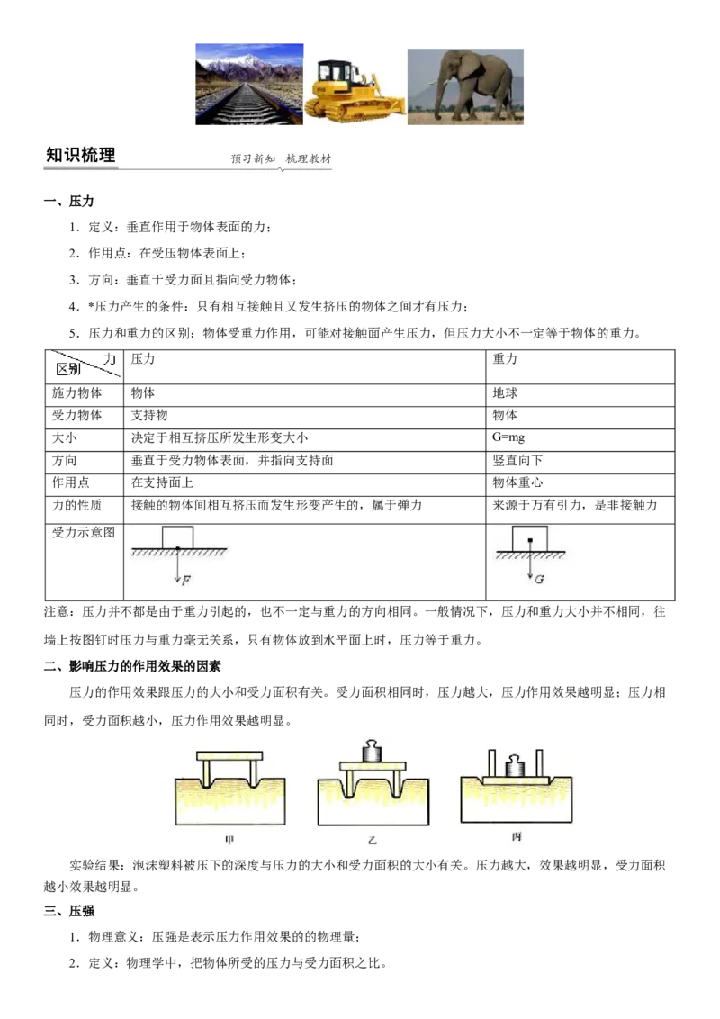10.1压强（原卷版）_8下-初中物理苏科版(4)_赠送：旧版资料（和新版好多一样，仍具有很大参考价值）_02讲义_10.1+压强-2022-2023学年八年级下册物理同步备课讲义+(苏科版)