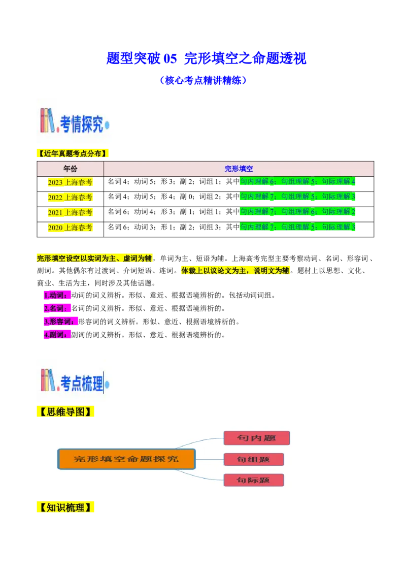 题型突破05完形填空之命题透视（核心考点精讲精练）（解析版）_03高考英语_2025年新高考资料_一轮复习_备战2025年高考英语一轮复习考点帮_必考题型突破