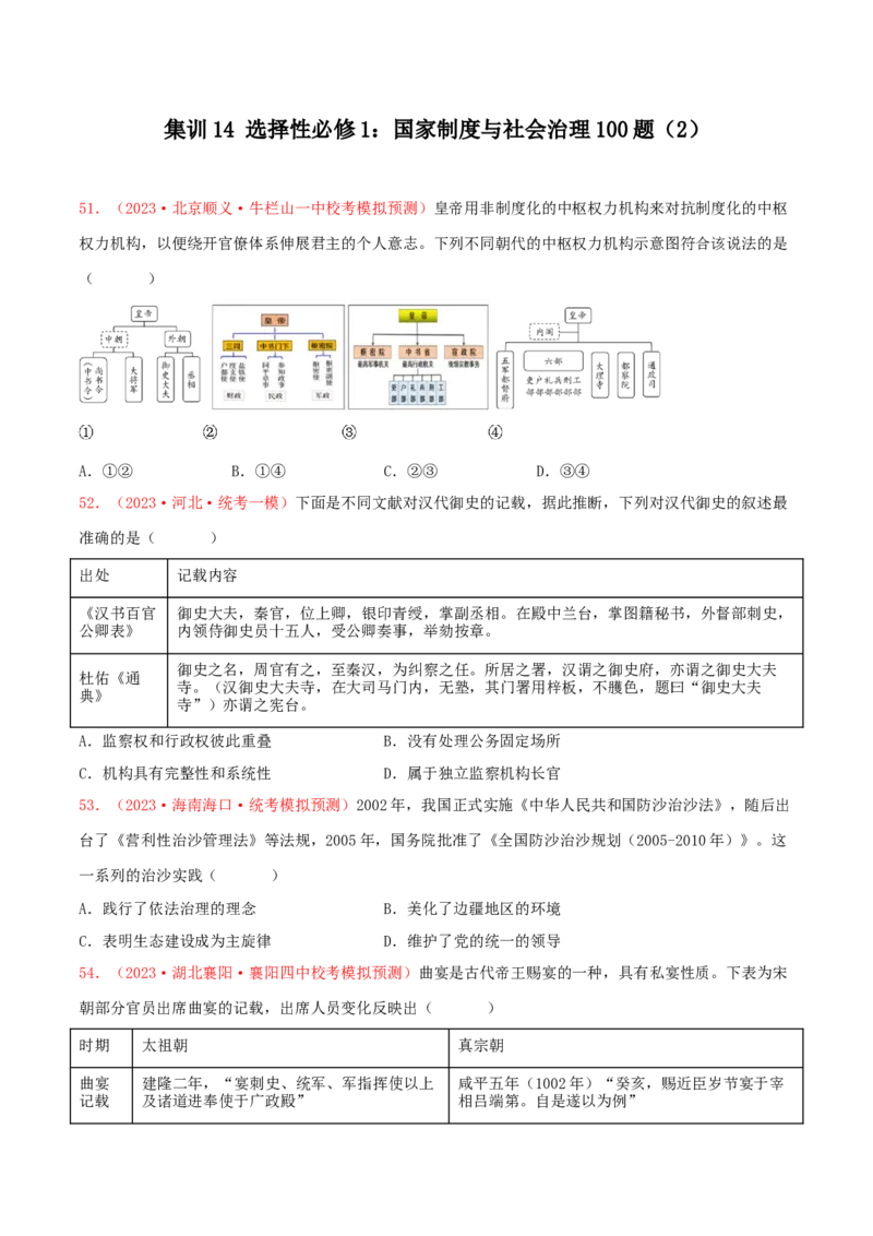 集训14选择性必修1：国家制度与社会治理100题（2）（原卷版）_07高考历史_2024年新高考资料_3.2024专项复习_备战2024年高考历史专项提分集训900题（统编版）