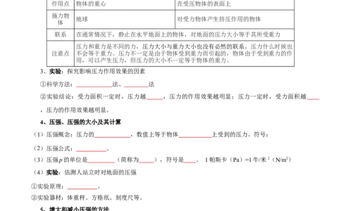第9章压强和浮力速记清单（原卷版）(1)_8下-初中物理苏科版(4)_04知识清单_第1套_第9章压强和浮力速记清单-2024-2025学年八年级物理下册单元速记&middot;巧练（苏科版2024）