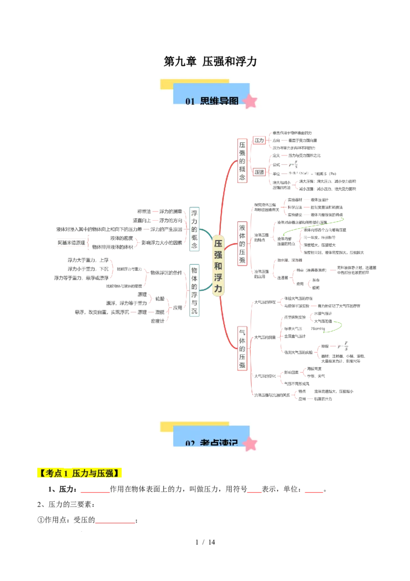 第9章压强和浮力速记清单（原卷版）(1)_8下-初中物理苏科版(4)_04知识清单_第1套_第9章压强和浮力速记清单-2024-2025学年八年级物理下册单元速记&middot;巧练（苏科版2024）
