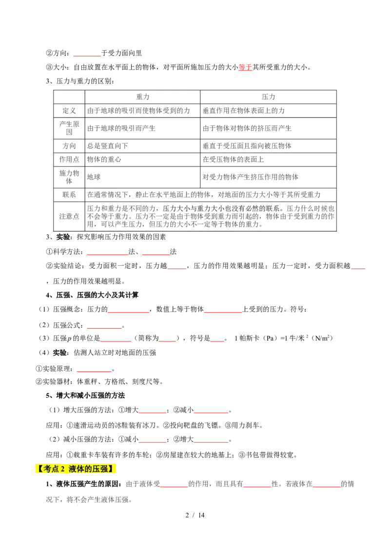 第9章压强和浮力速记清单（原卷版）(1)_8下-初中物理苏科版(4)_04知识清单_第1套_第9章压强和浮力速记清单-2024-2025学年八年级物理下册单元速记&middot;巧练（苏科版2024）