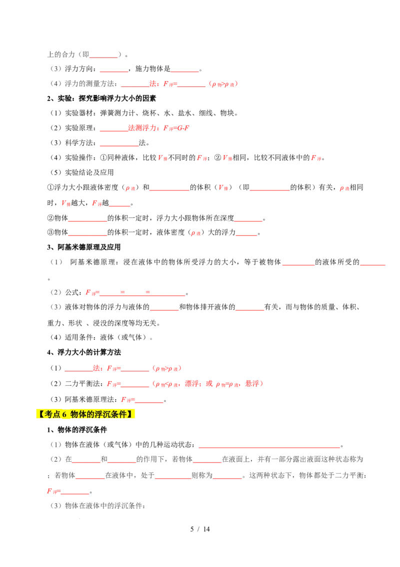 第9章压强和浮力速记清单（原卷版）(1)_8下-初中物理苏科版(4)_04知识清单_第1套_第9章压强和浮力速记清单-2024-2025学年八年级物理下册单元速记&middot;巧练（苏科版2024）