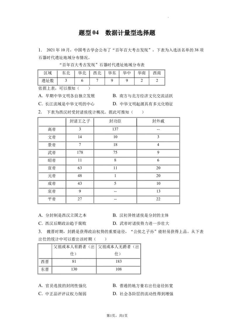 题型04数据计量型选择题专项训练--2024届高三统编版历史一轮复习_07高考历史_新高考复习资料_2024年新高考复习资料_一轮复习资料_2024届高三统编版历史一轮复习特色题型专项训练