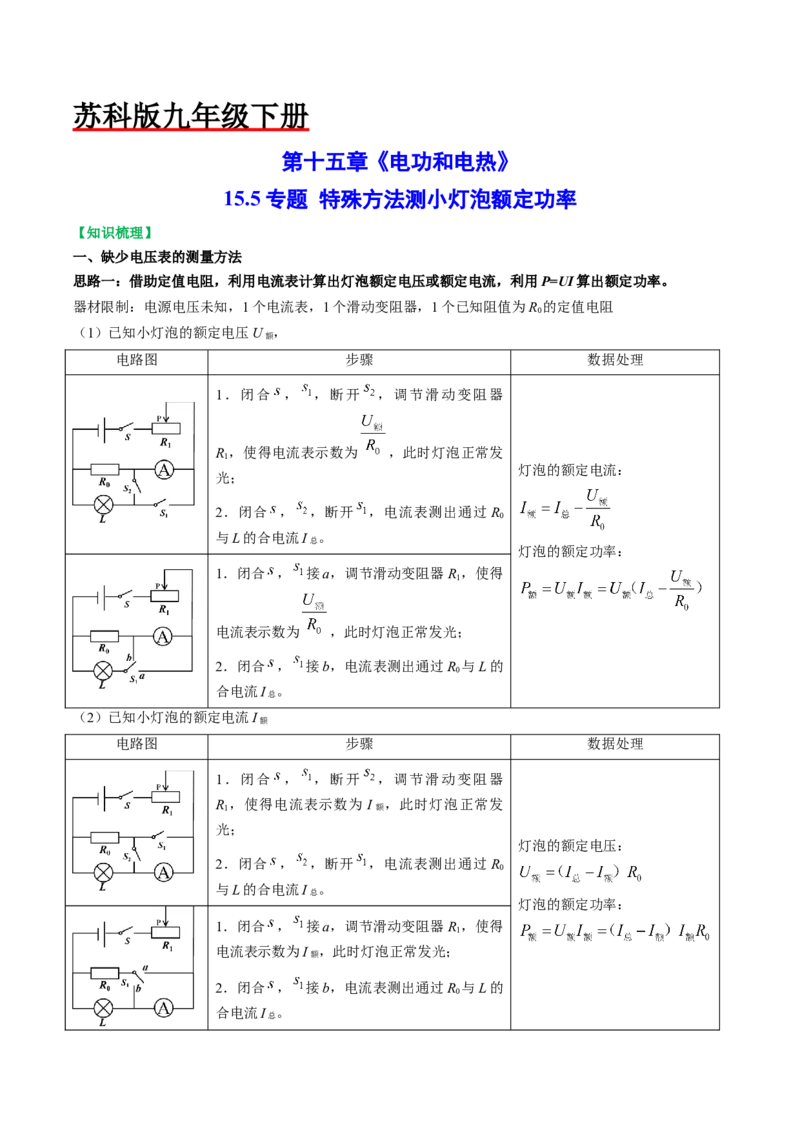 15.5专题特殊方法测小灯泡额定功率（原卷版）_9下-初中物理苏科版(4)_9下-初中物理苏科版（旧版）赠送_04讲义_2022-2023学年九年级物理下册典中点&middot;课时夺冠（苏科版）