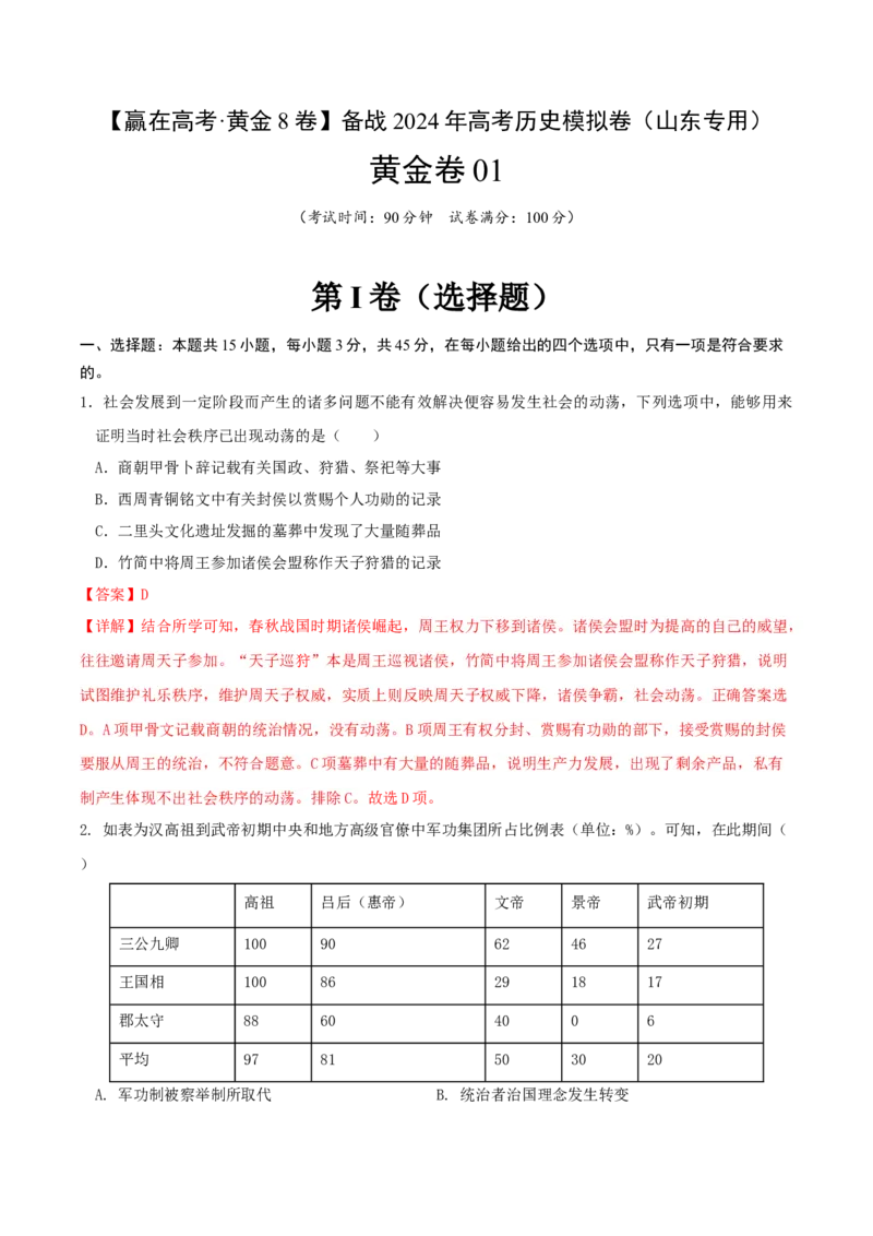 黄金卷01（山东专用）（全解全析）_07高考历史_2024年新高考资料_4.2024高考模拟预测试卷_赢在高考&middot;黄金8卷备战2024年高考历史模拟卷（山东专用）31282698