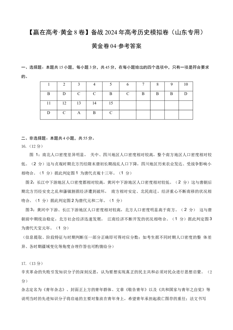 黄金卷04（山东专用）（参考答案）_07高考历史_2024年新高考资料_4.2024高考模拟预测试卷_赢在高考&middot;黄金8卷备战2024年高考历史模拟卷（山东专用）31282698
