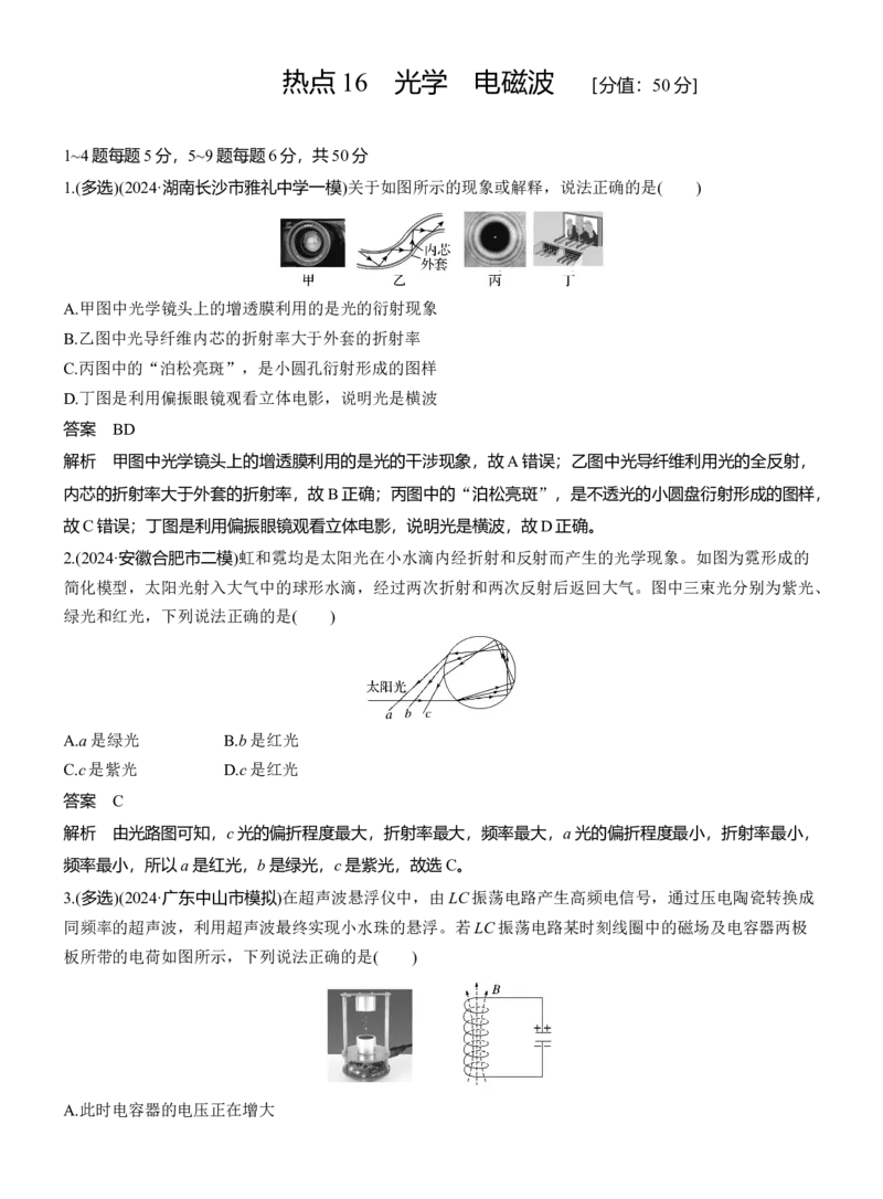 热点16　光学　电磁波_2025年新高考资料_二轮复习_2025年高考物理大二轮_2025物理二轮专题复习教师用书Word版文档_考前特训_热点排查练